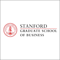 A red and white logo of stanford graduate school of business.